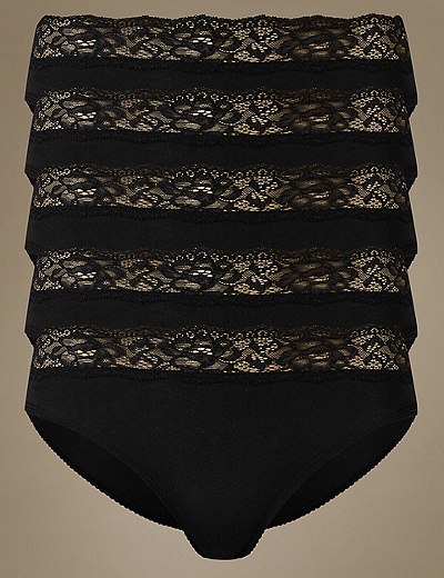5 Pack Lace Waisted High Leg Knickers