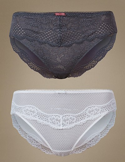 2 Pack Textured & Lace High Leg Knickers