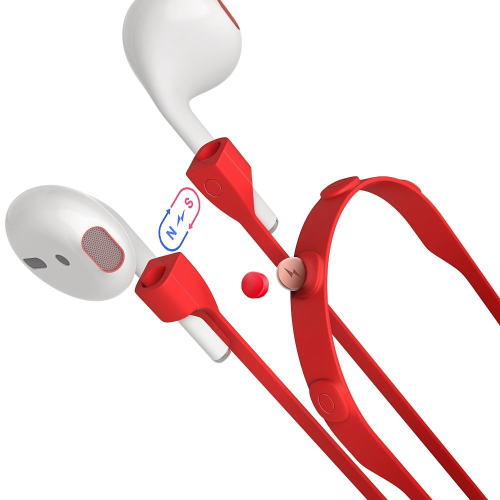 Airpods Strap, MeanLove Silicone Anti-lost Wire Cable Connector with Magnetotherapy for Airpods (Red)