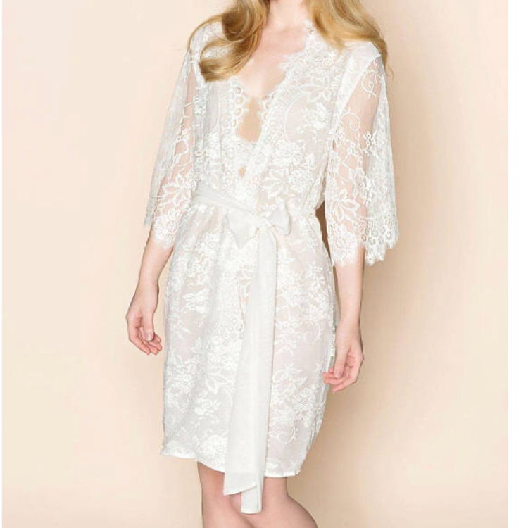 Swan Queen Lace & Off White Silk Lined Bridal Robe Kimono - style 104