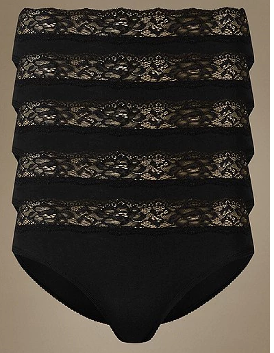 5 Pack Lace Waisted High Leg Knickers