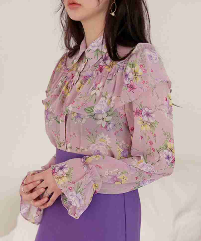 Mix Flower Ruffle Chiffon Blouse
