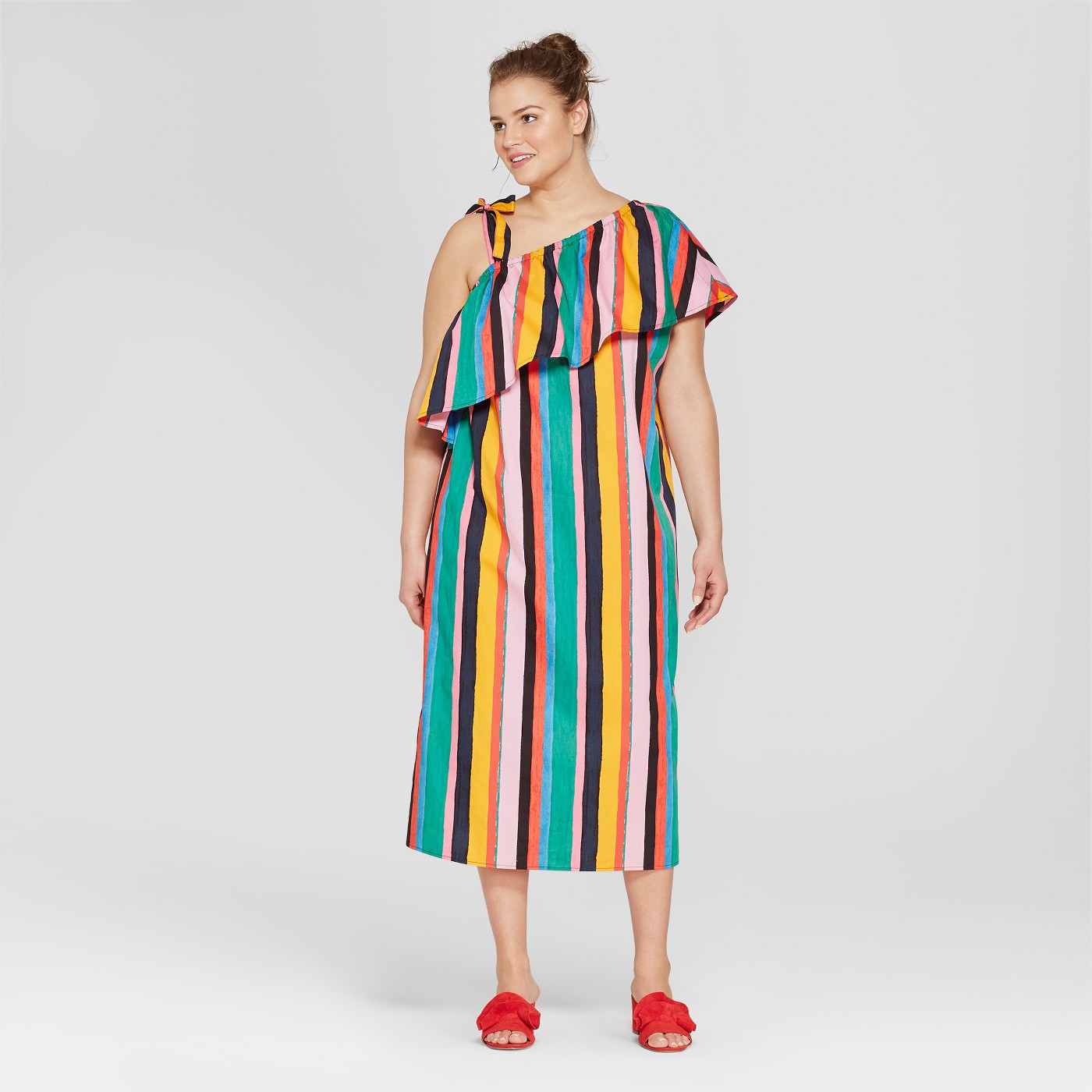 Striped Off the Shoulder Ruffle Midi Dress