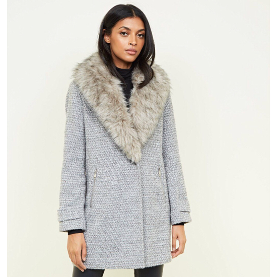 Grey Shawl Faux Fur Collar Coat