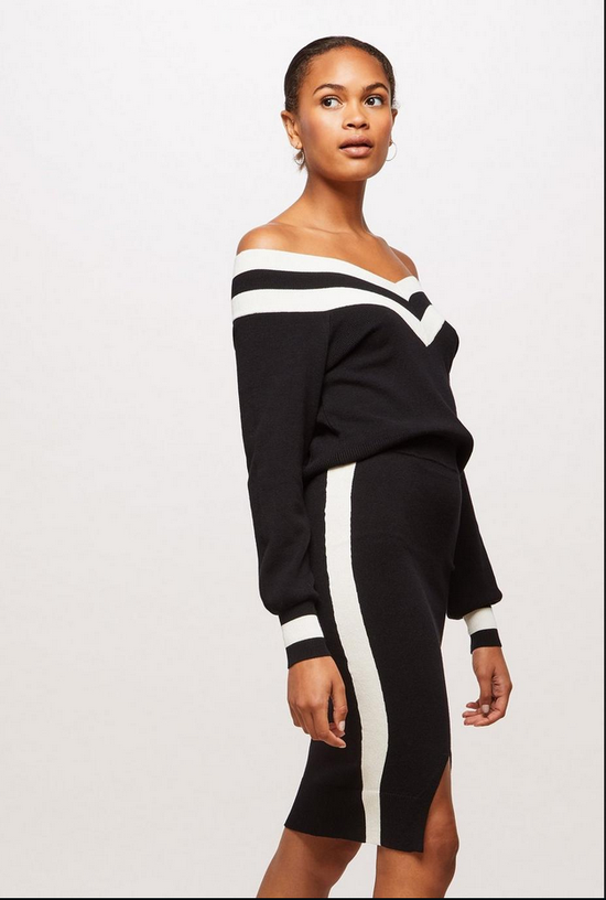 Black Sports Stripe Midi Knitted Pencil Skirt