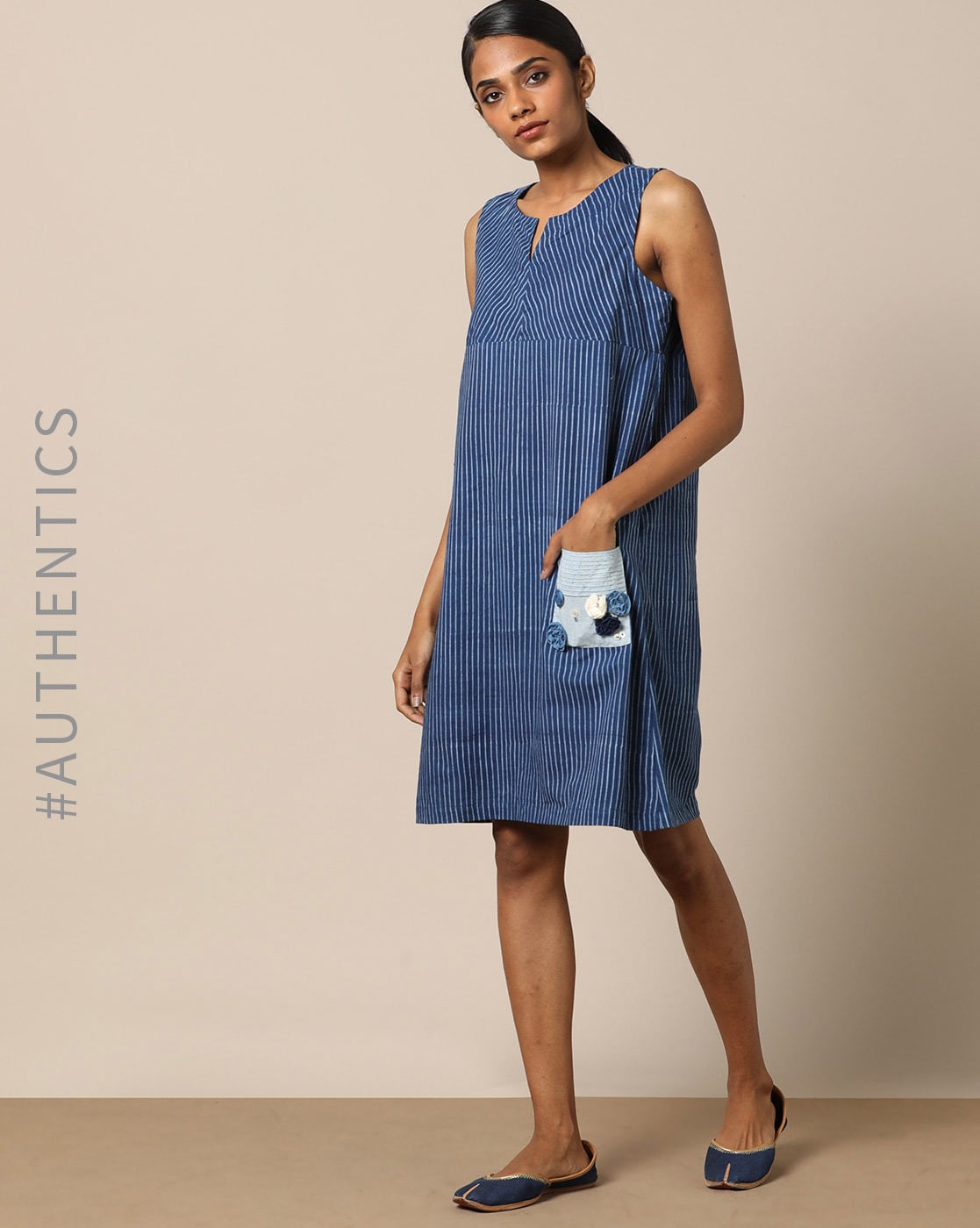 Indigo Hand-Block Print Cotton Shift Dress