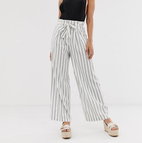 linen wide leg pants with paperbag waist and belt in stripe