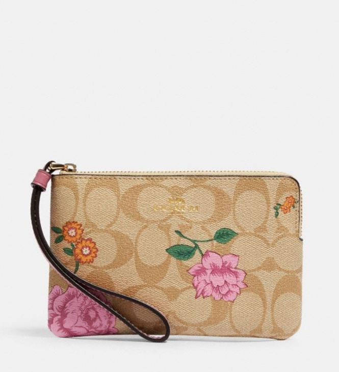 Corner Zip Wristlet In Signature Canvas With Prairie Rose Print 2973 IME7V