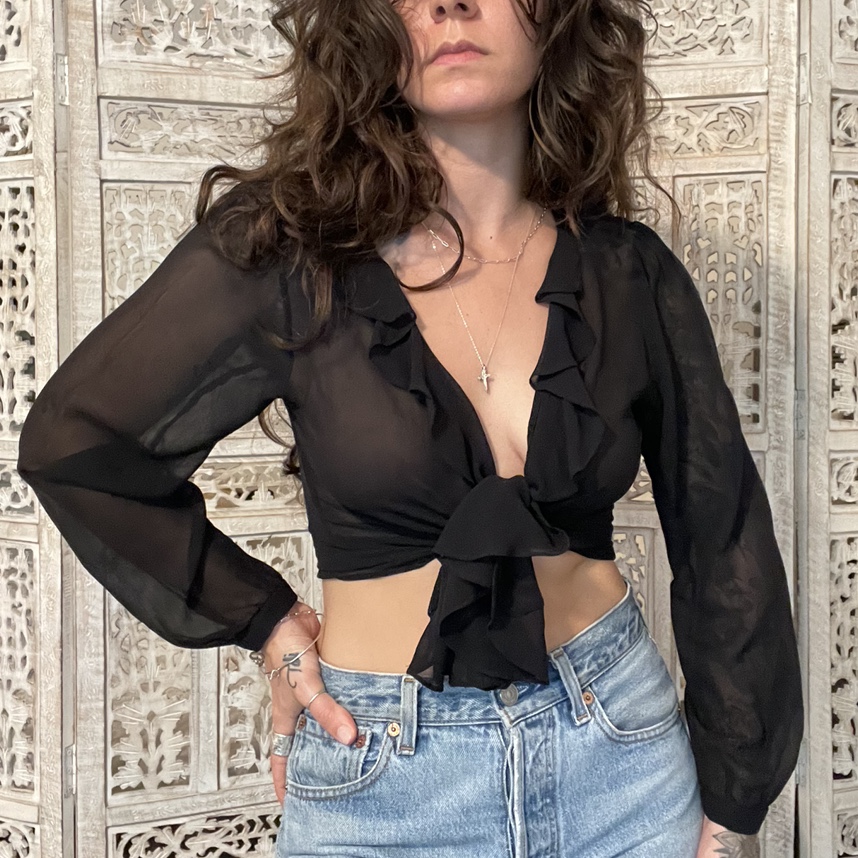 Vintage Black Organza Ruffled Blouse