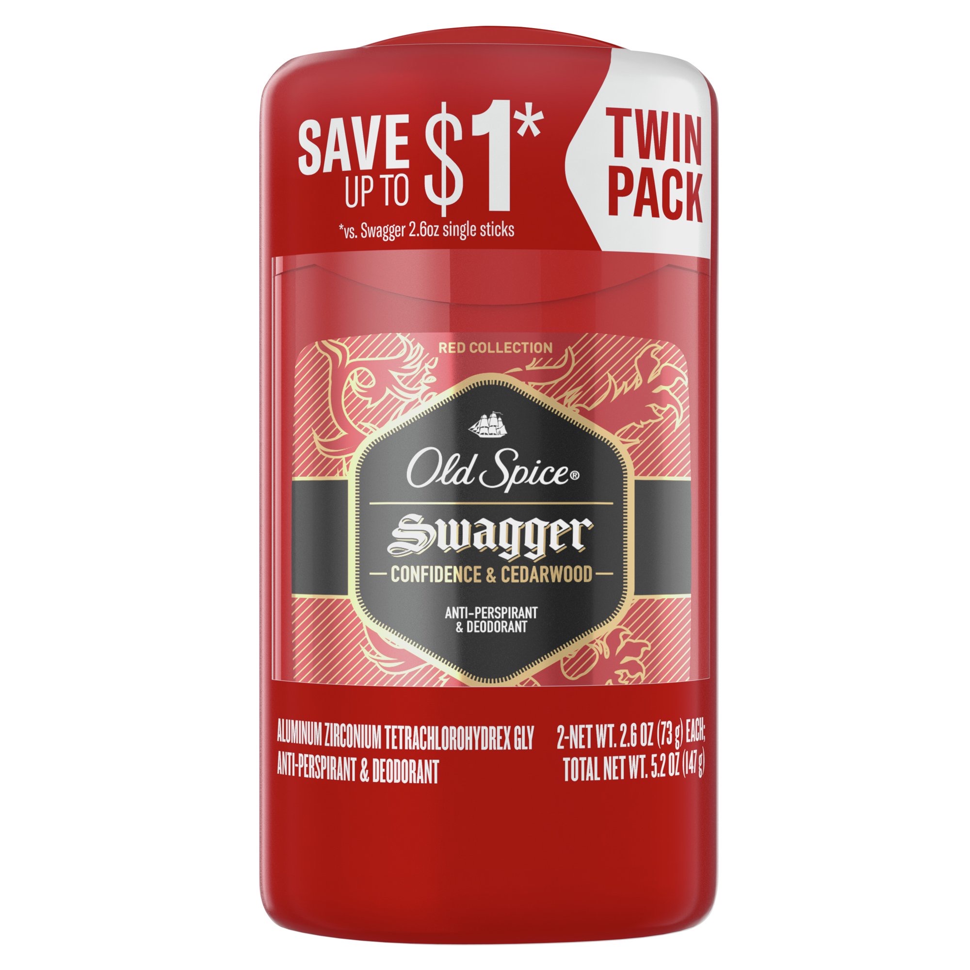Old Spice Red Collection Swagger Antiperspirant and Deodorant for Men, 2.6 oz, Pack of 2